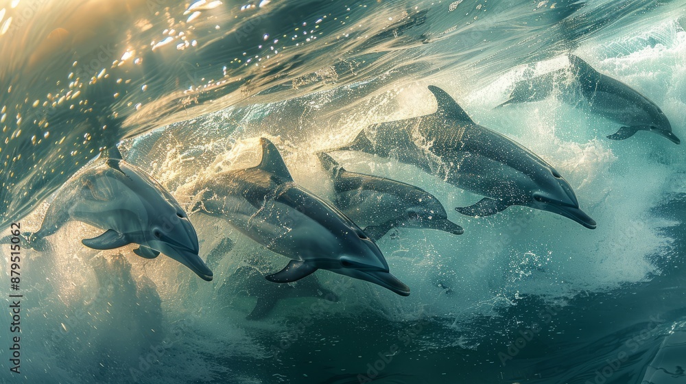 Fototapeta premium Pod of dolphins swimming underwater in the ocean