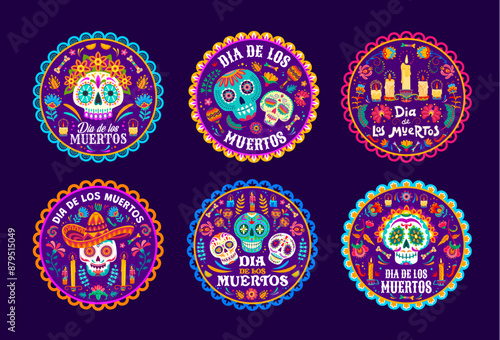 Day of the Dead labels with vector mexican Halloween sugar skulls and marigold flowers, sombrero hats, candles and maracas. Dia de los Muertos death carnival Catrina Calavera skeletons round tags