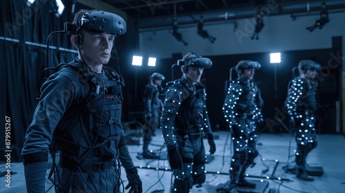 Actors in motion capture suits equipped with VR headsets on a film set photo