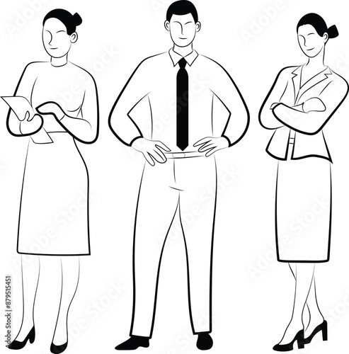 Business people illustration, Isolated succesful bussiness team, Hand drawn in thin line style