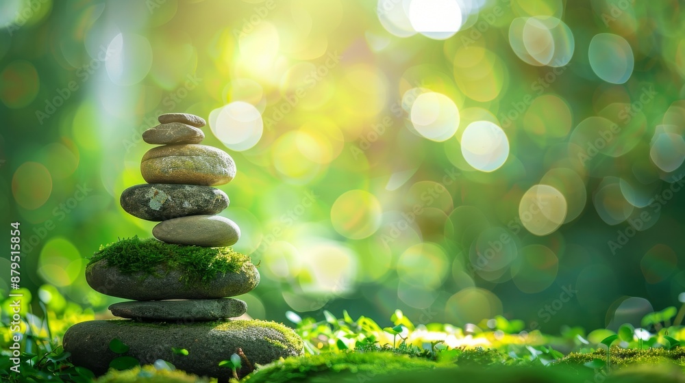 Obraz premium Green leaves and bright sunlight frame a stack of smooth, round stones. AIG555.