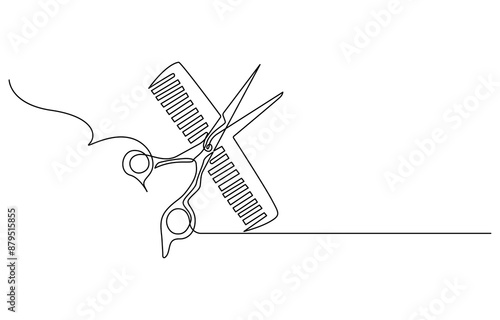 Scissors and comb business icon. Continuous thin line drawing. Vector illustration, Scissor and comb continuous one line drawing vector illustration, One continuous line drawing of comb and scissor.