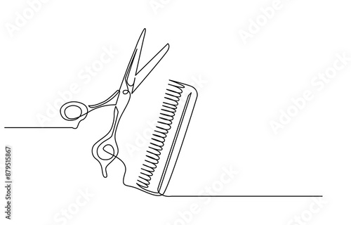 Scissors and comb business icon. Continuous thin line drawing. Vector illustration, Scissor and comb continuous one line drawing vector illustration, One continuous line drawing of comb and scissor.