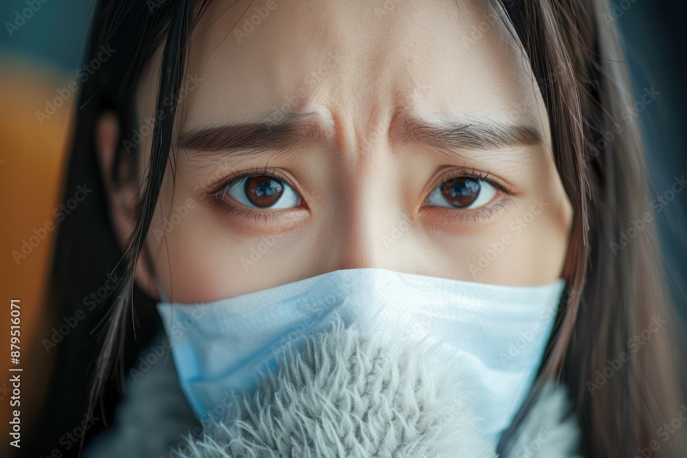 Woman with runny nose and infection, feeling unwell and wearing a face mask Symptoms of a cold or flu, illness, sickness, and respiratory problems Protect yourself from the spread of germs and Woman with runny nose and infection, feeling unwell and wearing a face mask Symptoms of a cold or flu, illness, sickness, and respiratory problems Protect yourself from the spread of germs and