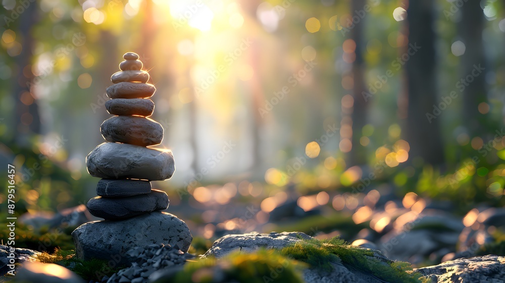 Obraz premium A serene forest scene with sunlight filtering through the trees, illuminating stones stacked on top of to form a peaceful zen tower, balance and harmony in nature.