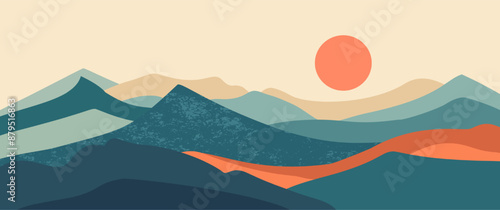 Abstract mountain landscape background, Nature wall decor, art print, minimalist panorama hill, adventure and travel view design. Vector illustration