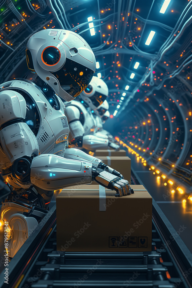 Fototapeta premium A futuristic robot is preparing a box in front of the interface. A spaceship in space with an astronaut. Illustration of elements of technology, transportation and industry.