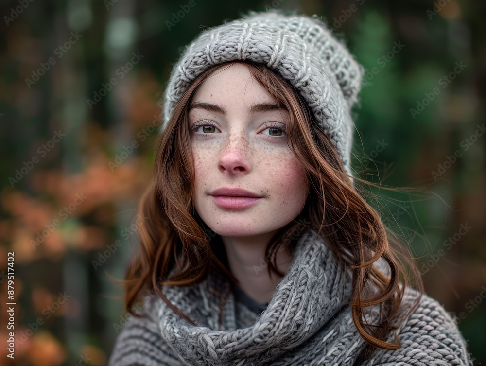 Herbstliches Porträt einer jungen Frau mit roten Haaren, Sommersprossen und Strickmütze Herbstliches Porträt einer jungen Frau mit roten Haaren, Sommersprossen und Strickmütze