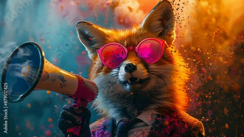 adorable fox wear sunglasses hold megaphone