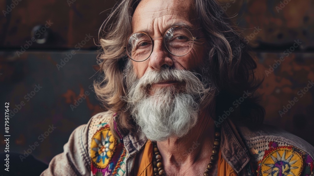 portrait of a hippie senior man on gray background portrait of a hippie senior man on gray background