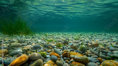 A serene underwater landscape in a freshwater lake, with a focus on the smooth, rounded pebbles scattered across the lakebed.