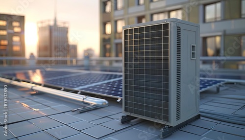 3D rendering of an air source heat pump with solar panels on the roof of a commercial building Close-up view focuses on the exterior unit and pipes connecting to it The background