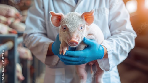 The veterinarian holding piglet photo