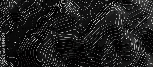 Abstract black and white topographic contour lines map background. 3D rendering of geographic surface. Concept of cartography, geography, nature, and exploration.