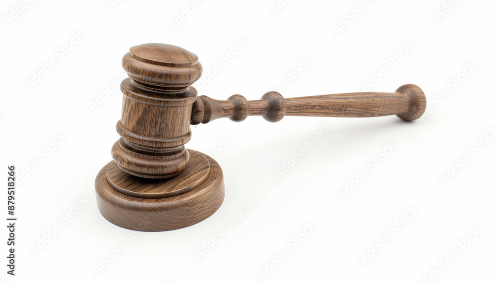 Wooden brown gavel with a figured handle and a special stand for a judge on a white background. Wooden brown gavel with a figured handle and a special stand for a judge on a white background.