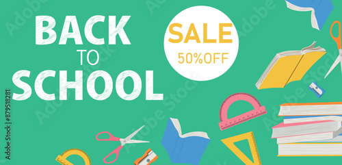Sale banner for back to school event. Hand drawn School supply knowledge concept 