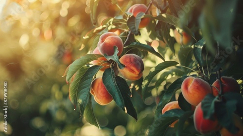 An odorous cluster of peaches dangles from a low-hanging branch, tempting passersby