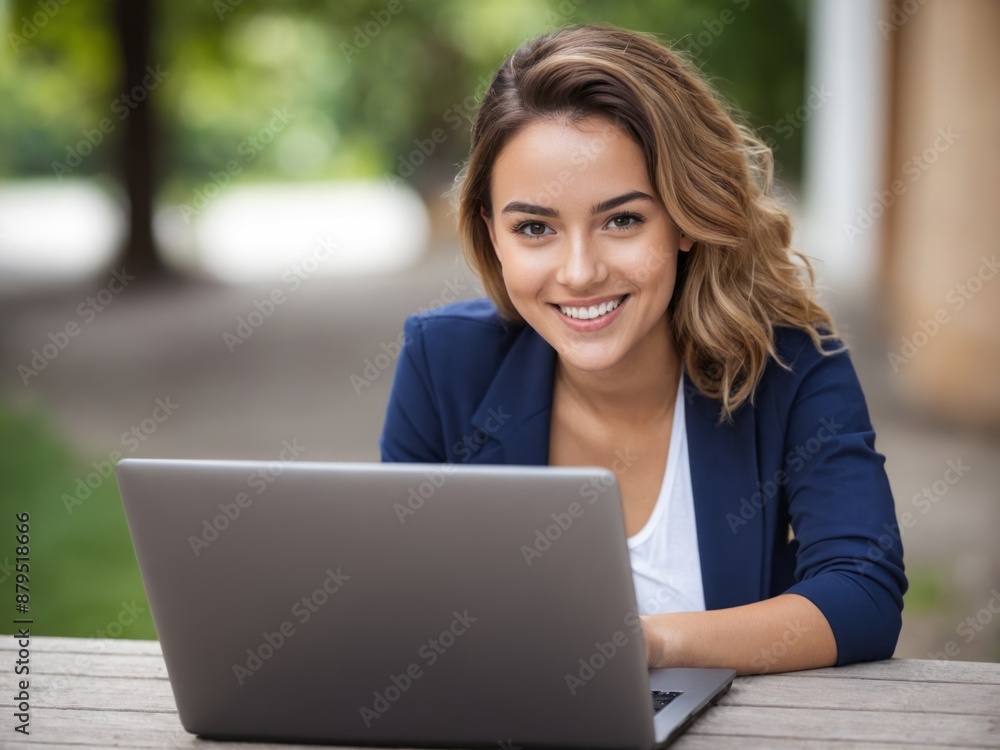 young female portrait working on laptop, smiling and looking at the camera young female portrait working on laptop, smiling and looking at the camera