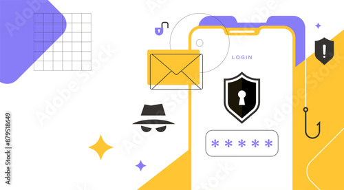 Phishing cyber crime vector illustration. Visuals provide bait in the form of phishing emails, email notifications. Cyber ​​threat awareness, internet fraud awareness, smartphone fraud alert