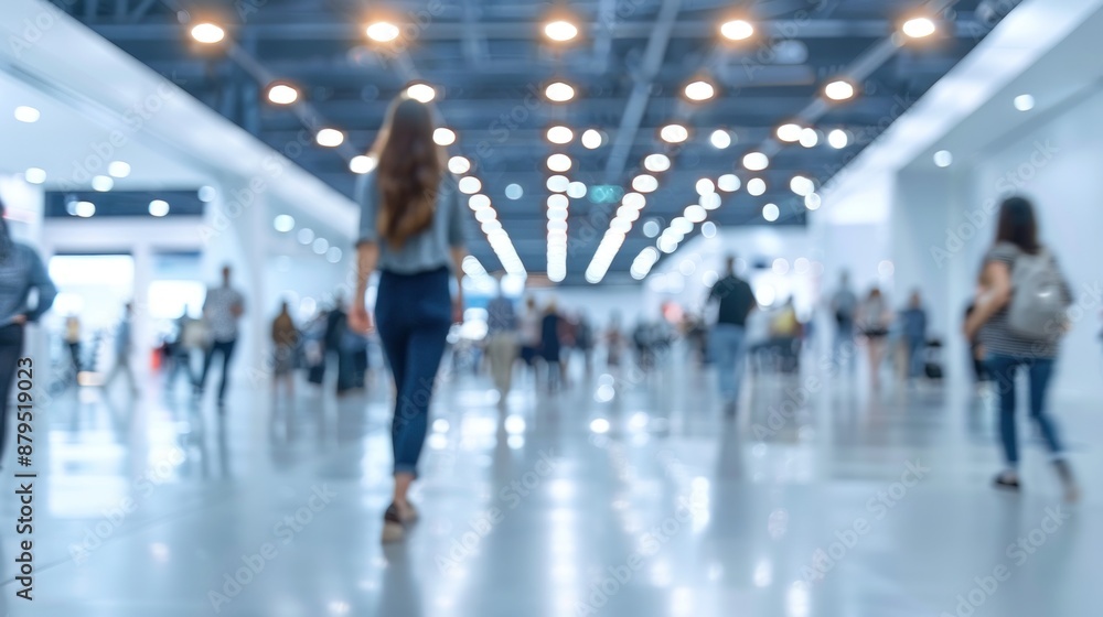 Fototapeta premium Woman walking through busy conference center hall with crowds of business people. Event, trade show, exhibition, industry, professional networking, and corporate concept.