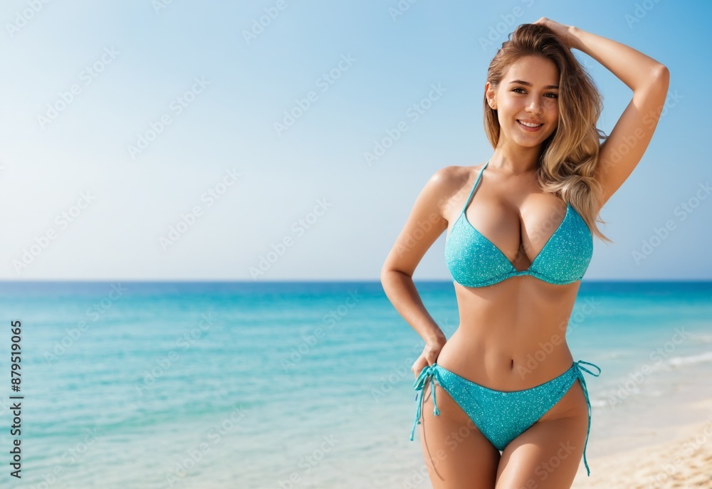 sexy Woman on beach in bikini vacation in holiday resort with copy space. Concept of beach summer vacation sexy Woman on beach in bikini vacation in holiday resort with copy space. Concept of beach summer vacation