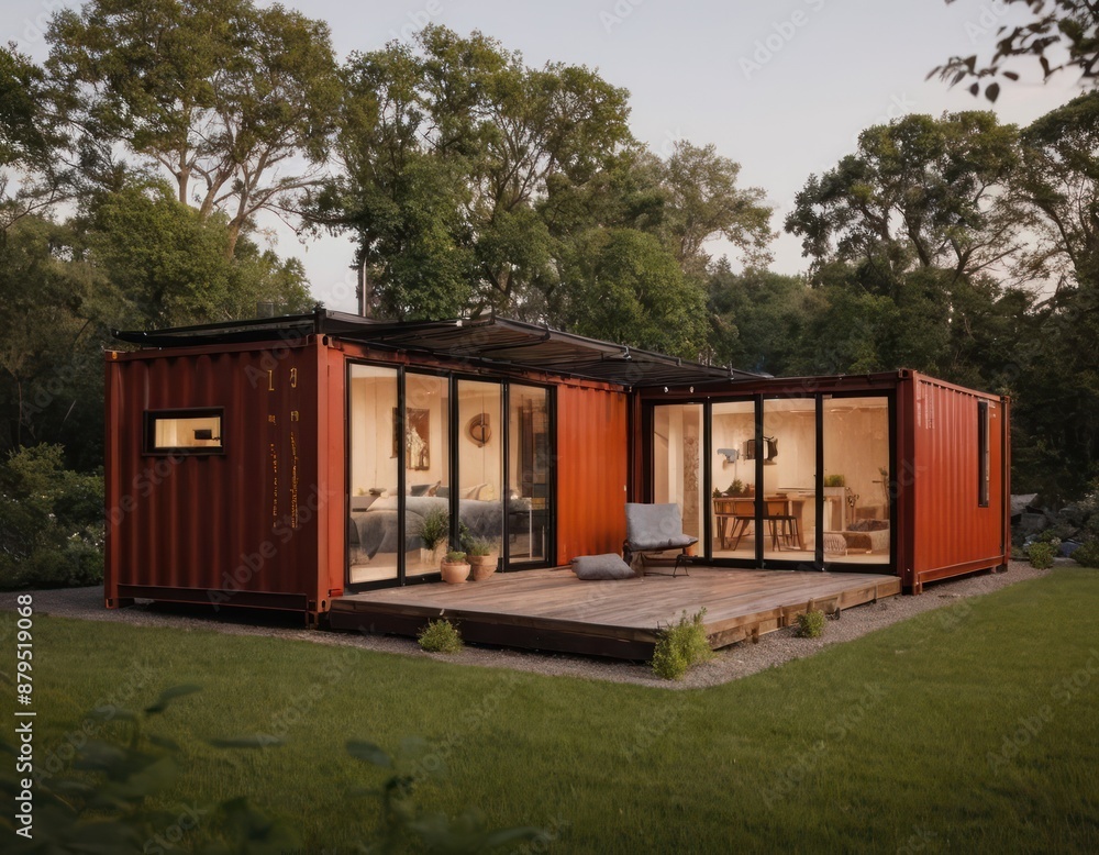 Modern shipping container tiny house in a forest Modern shipping container tiny house in a forest