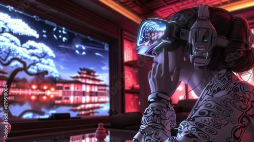 Immersive Virtual Reality, Woman experiencing VR with futuristic scenery, Technological Exploration.