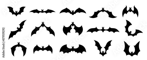 Halloween bats silhouettes, cloud of bats. Isolated vector set of winged vampire animal black shapes on white background. Creepy and spooky nocturnal creatures, monochrome icons, signs or pictograms