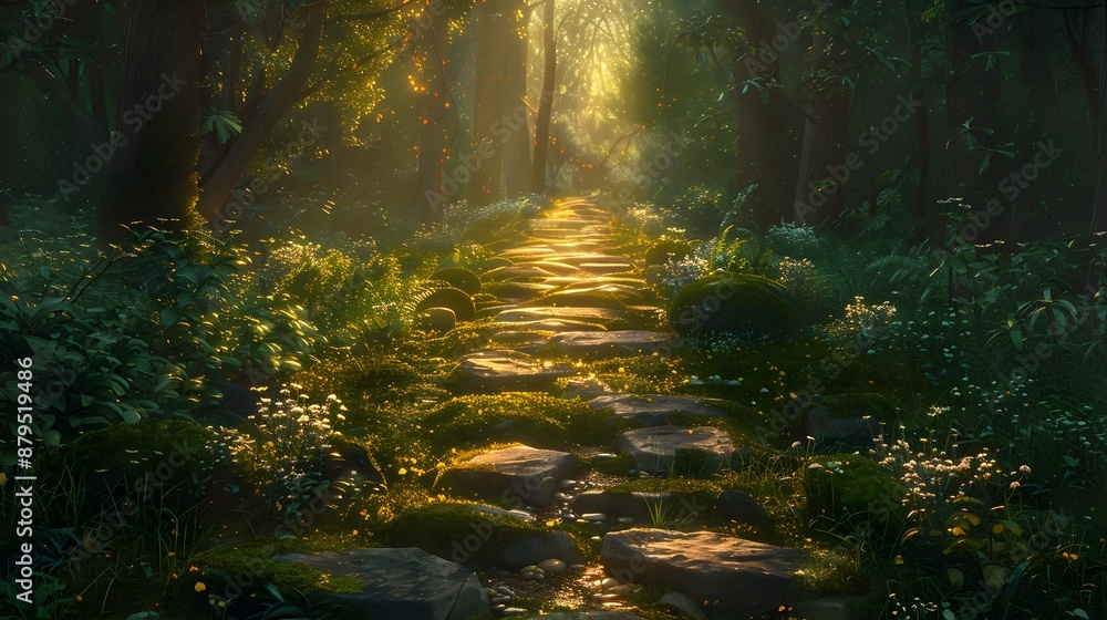 An ancient stone pathway meandering through a dense forest canopy, dappled with the golden hues of morning light piercing through the leaves. An ancient stone pathway meandering through a dense forest canopy, dappled with the golden hues of morning light piercing through the leaves.