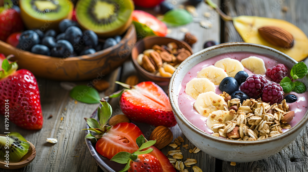Healthy breakfast spread with a bowl of granola, fresh fruits, nuts, and a smoothie, on a rustic wooden table, emphasizing nutritious eating and wellness.
Healthy breakfast spread with a bowl of granola, fresh fruits, nuts, and a smoothie, on a rustic wooden table, emphasizing nutritious eating and wellness.