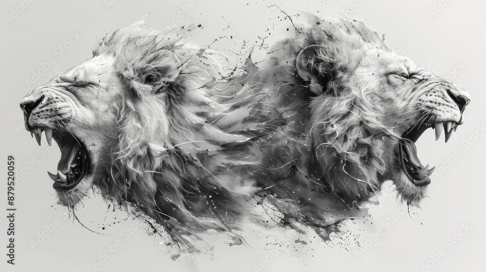 Three black and white lion head tattoo designs displaying intense expressions from different perspectives. Three black and white lion head tattoo designs displaying intense expressions from different perspectives.