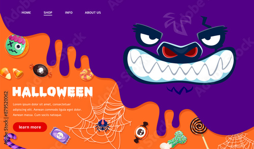 Halloween landing page or holiday website template with monsters, vector background. Halloween horror night and trick or treat candy sweets, skull and spider in spiderweb for landing page layout