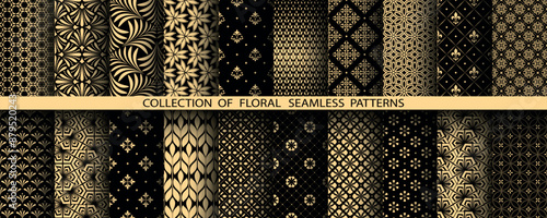 Geometric floral set of seamless patterns. Golden and black vector backgrounds. Damask graphic ornaments