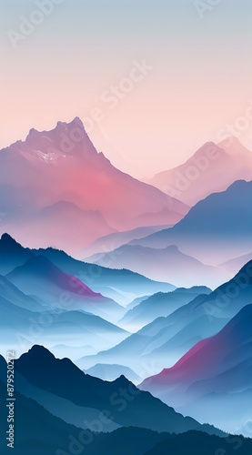 Tranquil mountain landscape with layers of misty valleys and soft pastel tones at dawn. Ideal for backgrounds, nature-themed designs, and calming visual projects.