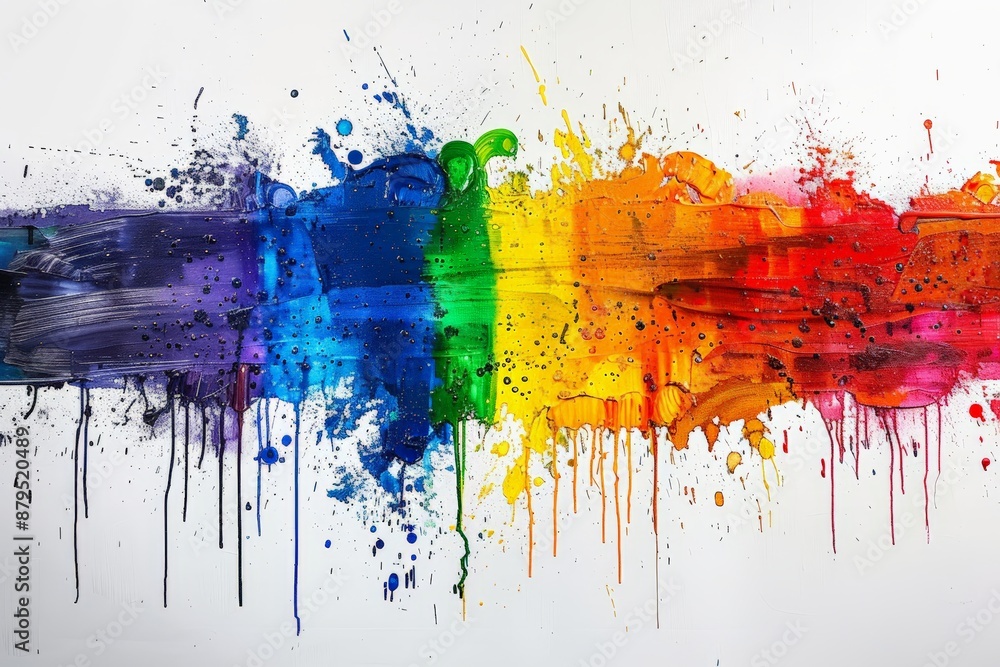 Fototapeta premium A painting of a rainbow with splatters of paint. The painting is colorful and vibrant, with each color of the rainbow represented. The splatters of paint add a sense of movement