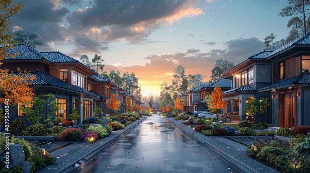 Fototapeta premium A modern neighborhood with clean architectural lines and vibrant colors at sunset, filled with contemporary houses lined up along a quiet street.