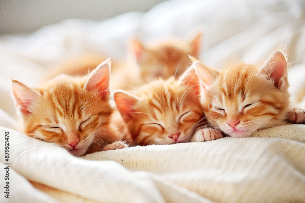 Red little fluffy kittens sleep on a white linen-made bed, soft focus, close-up Red little fluffy kittens sleep on a white linen-made bed, soft focus, close-up