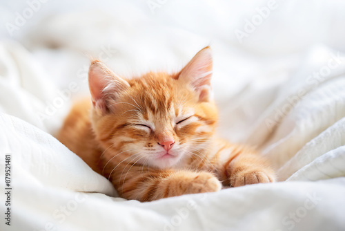 Red little fluffy kitten sleeps on a white linen-made bed, soft focus, close-up