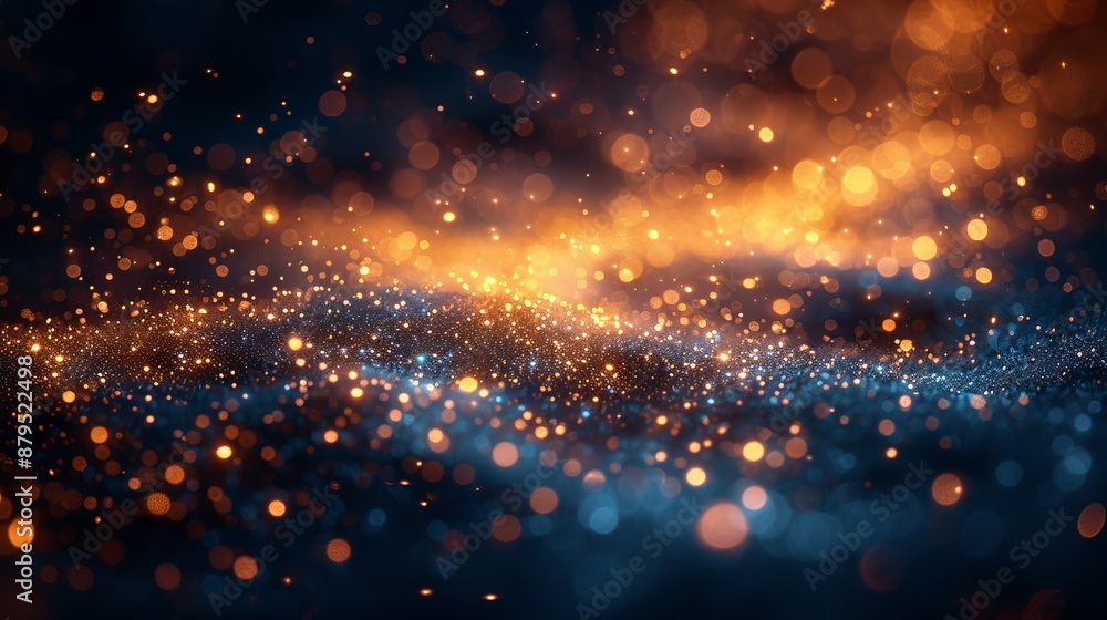 Dark blue textured background echoes the mood of festive celebrations with beautiful gold bokeh lights dancing vibrantly. Dark blue textured background echoes the mood of festive celebrations with beautiful gold bokeh lights dancing vibrantly.
