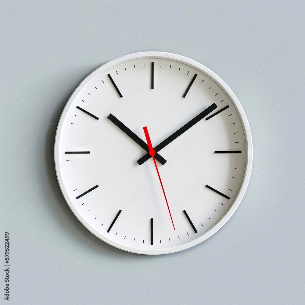 A white clock with red hands on a gray wall. A white clock with red hands on a gray wall.