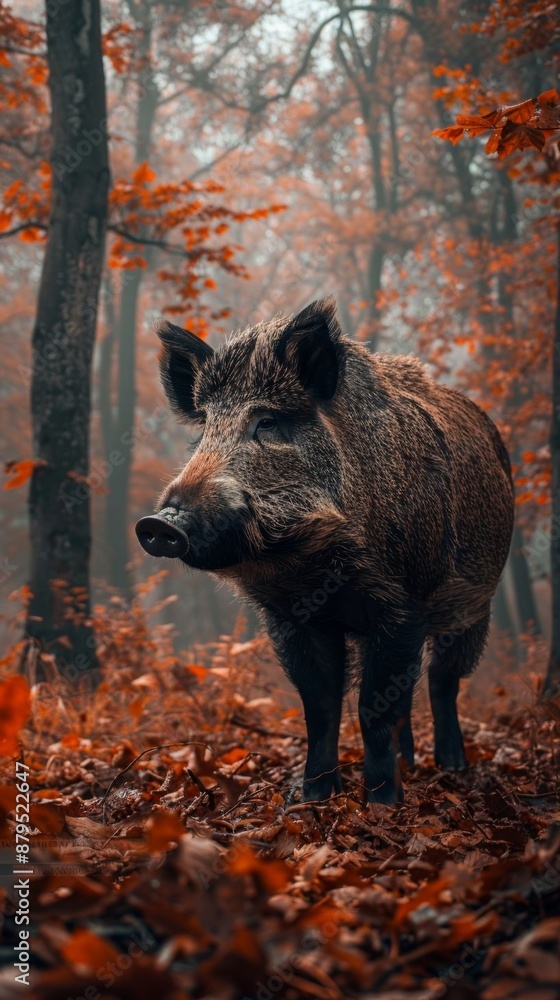 A solitary wild boar stands in a misty autumn forest surrounded by colorful foliage and tall trees, capturing a peaceful and rustic atmosphere. A solitary wild boar stands in a misty autumn forest surrounded by colorful foliage and tall trees, capturing a peaceful and rustic atmosphere.