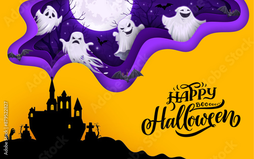 Halloween paper cut banner with castle, cartoon scary ghosts and cemetery tombstones with zombie hand silhouettes. Vector greeting card with haunted house, graveyard and 3d wavy frame with spooks