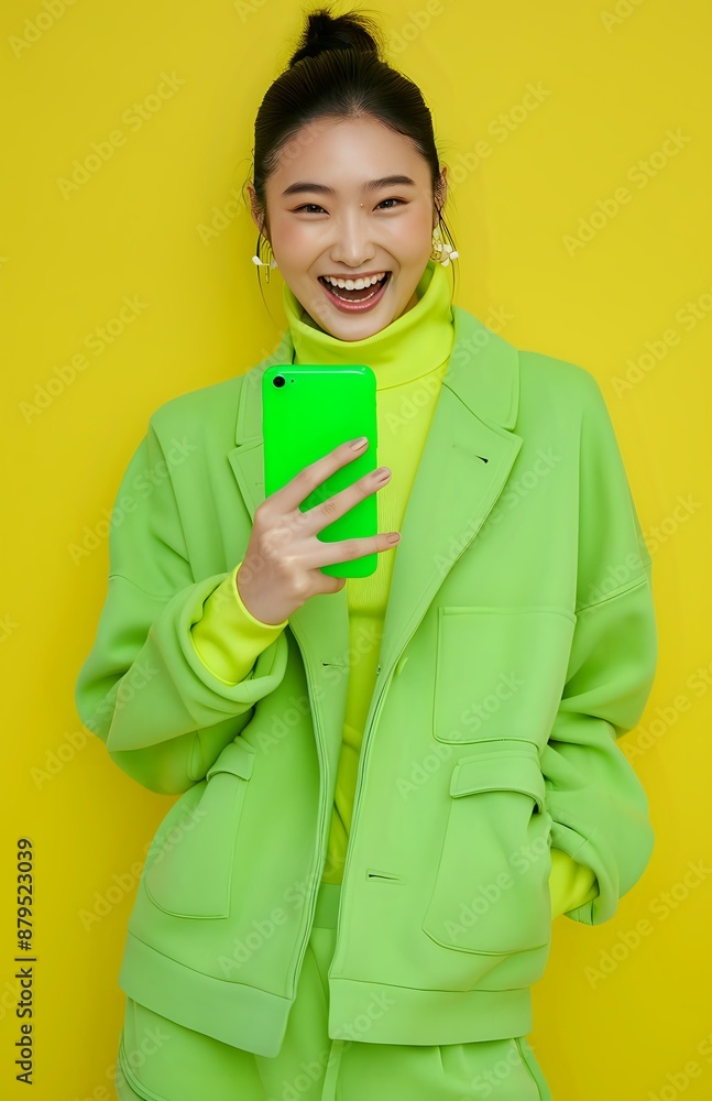 Portrait of a cheerful young woman in a vibrant green outfit, holding a matching green smartphone against a bright yellow background. Ideal for fashion marketing, tech advertisements, and lifestyle Portrait of a cheerful young woman in a vibrant green outfit, holding a matching green smartphone against a bright yellow background. Ideal for fashion marketing, tech advertisements, and lifestyle