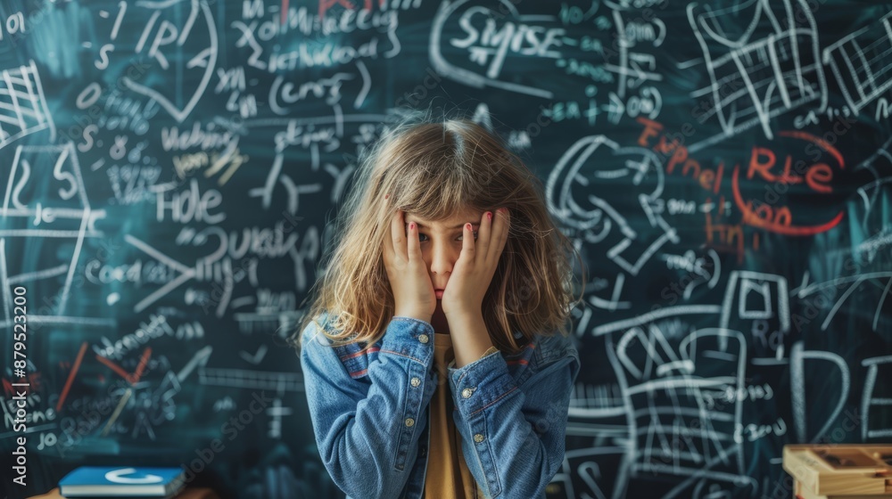 Stressed student in front of chalkboard full of equations Stressed student in front of chalkboard full of equations
