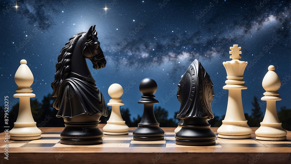 International chess day, chess pieces on a board in front of a starry night sky background International chess day, chess pieces on a board in front of a starry night sky background