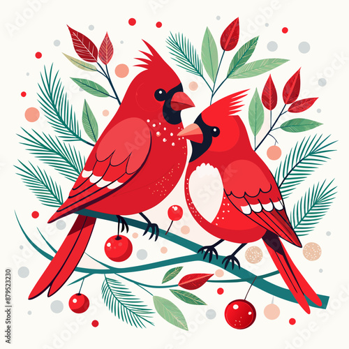 pair of cardinal birds closed together on a pine