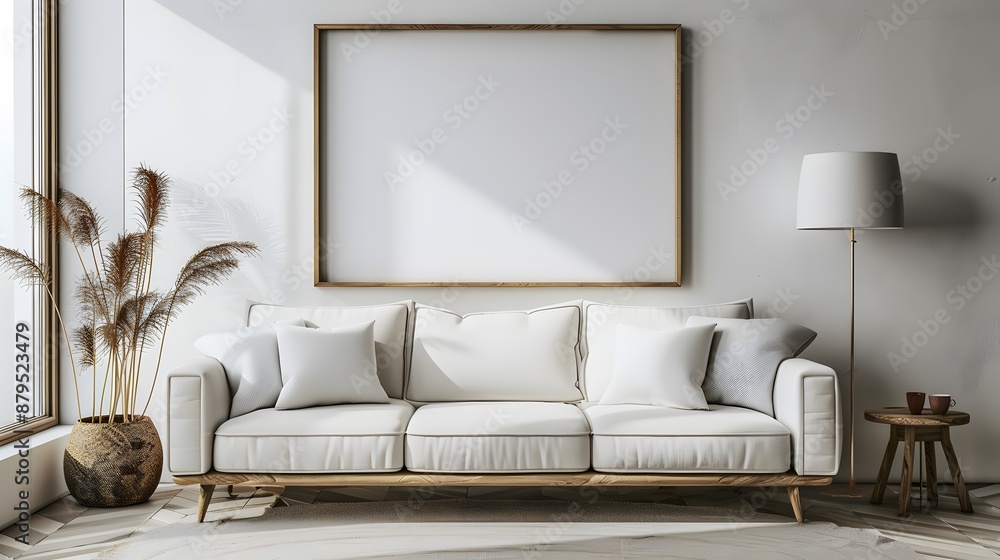 Minimalist living room with a sofa and blank frame mockup against a white wall background in high resolution without blur effects. Minimalist living room with a sofa and blank frame mockup against a white wall background in high resolution without blur effects.