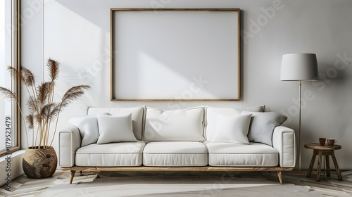 Minimalist living room with a sofa and blank frame mockup against a white wall background in high resolution without blur effects.