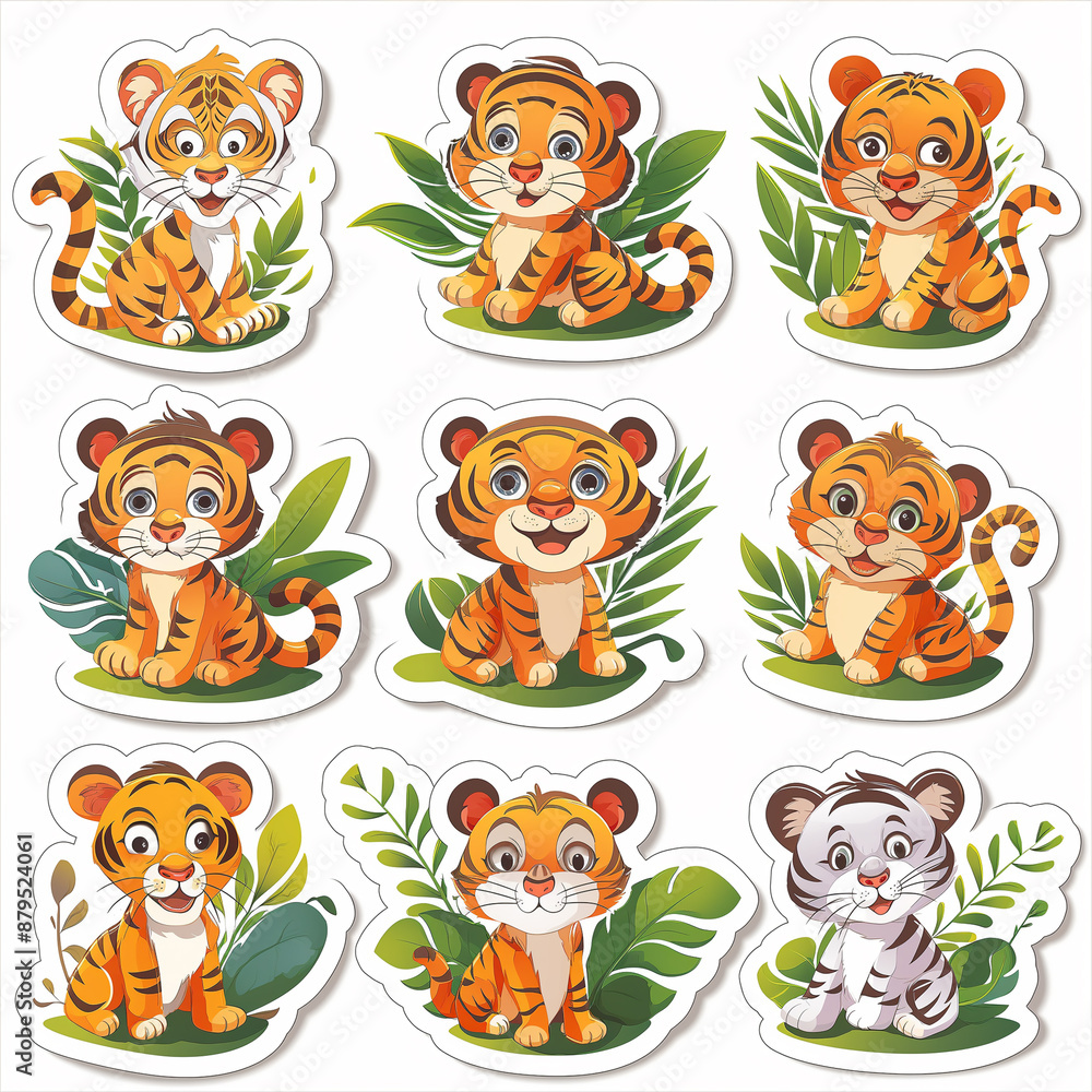 Obraz premium Asset of sticker tiger isolation over white background, Illustration
