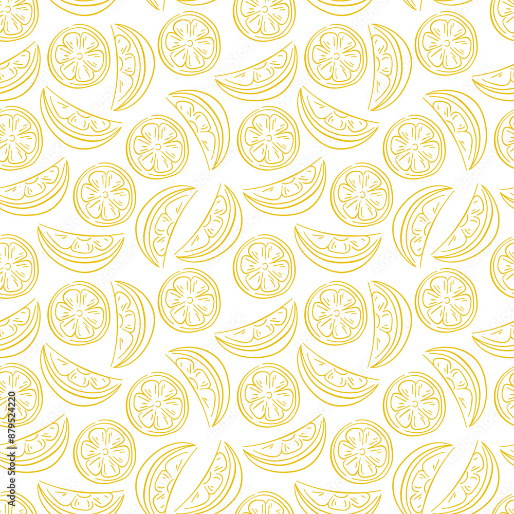 Seamless bright light pattern with lemon in line art style. Design for fabric, label, print , wallpaper. Slices of a lemon. Vector illustration on a white background Seamless bright light pattern with lemon in line art style. Design for fabric, label, print , wallpaper. Slices of a lemon. Vector illustration on a white background